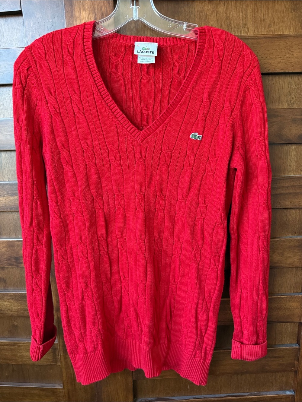 Y2K Lacoste Women's Red V-Neck Cable Knit Sweater Vintage Preppy Size 40/Medium